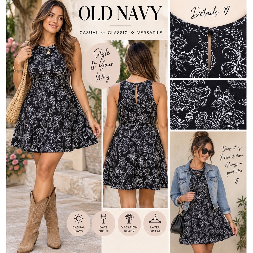 Old Navy Womens Black White Floral Paisley Sleeveless Mini Dress XS High Neck
